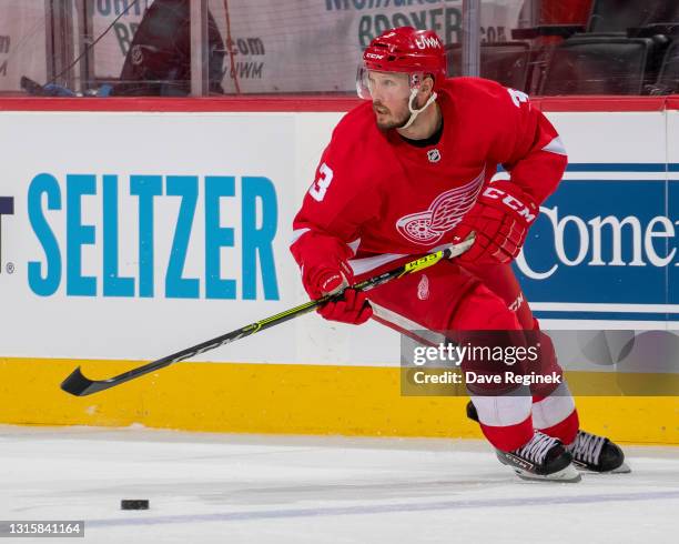 Alex Biega of the Detroit Red Wings turns up ice with the puck against the Tampa Bay Lightning during the second period of an NHL game at Little...