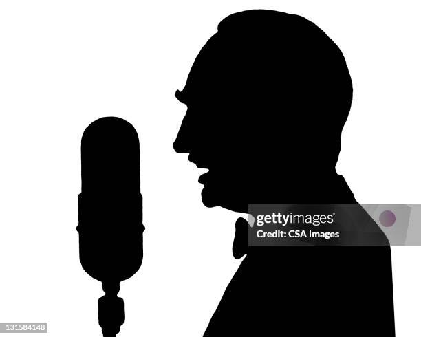 stockillustraties, clipart, cartoons en iconen met silhouette of man at microphone - presentator amusement