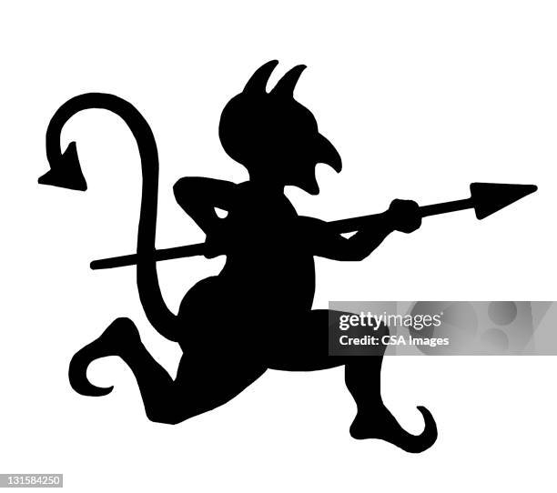 devil silhouette with spear - horned stock illustrations
