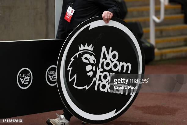 No room for racism branding is seen prior to the Premier League match between Newcastle United and Arsenal at St. James Park on May 02, 2021 in...
