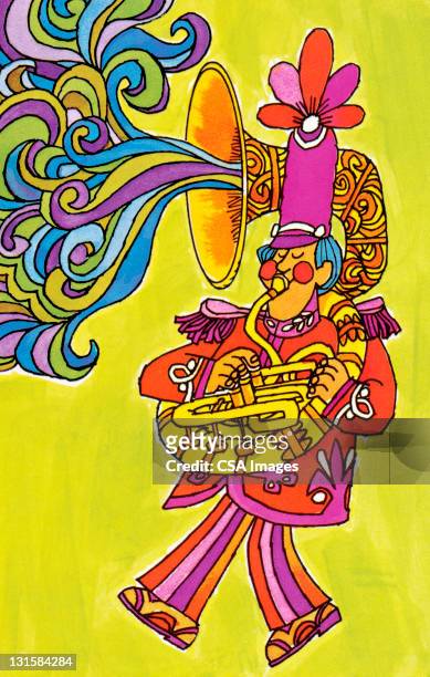 psychedelic french horn player - marching band stock illustrations