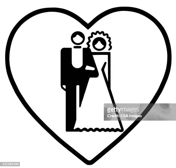 bride and groom inside heart - wedding symbols stock illustrations