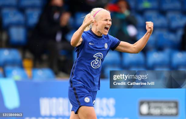 Pernille Harder of Chelsea celebrates after scoring their side's third goal during the Second Leg of the UEFA Women's Champions League Semi Final...