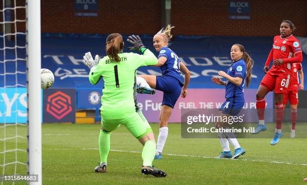 Pernille Harder of Chelsea scores their team's third goal past Laura Benkarth of FC Bayern Munich during the Second Leg of the UEFA Women's Champions...