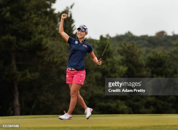 Momoko Ueda of Japan celebrates victory after the 3rd playoff hole in the final round of the Mizuno Classic at Kintetsu Kashikojima Country Club on...