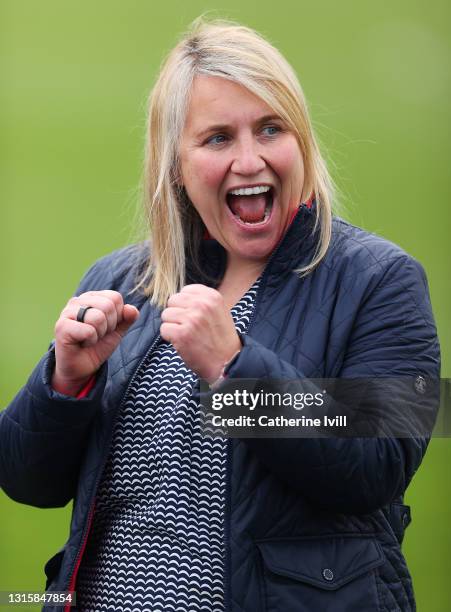 Emma Hayes, Manager of Chelsea celebrates victory following the Second Leg of the UEFA Women's Champions League Semi Final match between Chelsea FC...