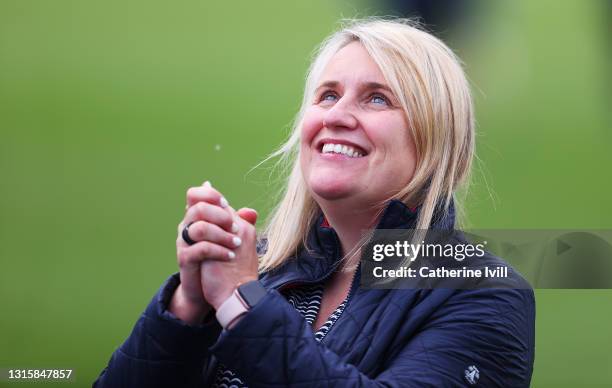 Emma Hayes, Manager of Chelsea celebrates victory following the Second Leg of the UEFA Women's Champions League Semi Final match between Chelsea FC...