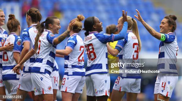 Danielle Carter of Reading celebrates after scoring their team's second goal with Fara Williams during the Barclays FA Women's Super League match...