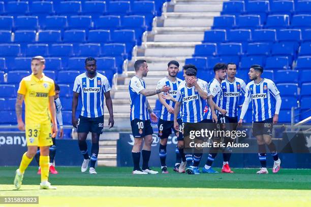 Raul de Tomas of RCD Espanyol celebrates scoring his side's first goal during the Liga Smartbank match betwen RCD Espanyol de Barcelona and Malaga CF...