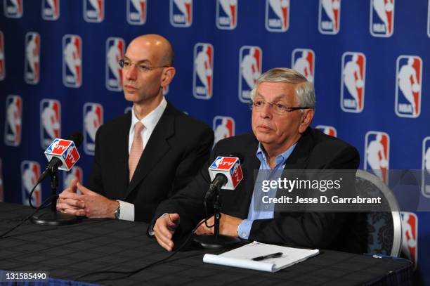 Commissioner David Stern and Deputy Commissioner Adam Silver address the media after NBA labor negotiations at Sheraton New York Hotel & Towers on...