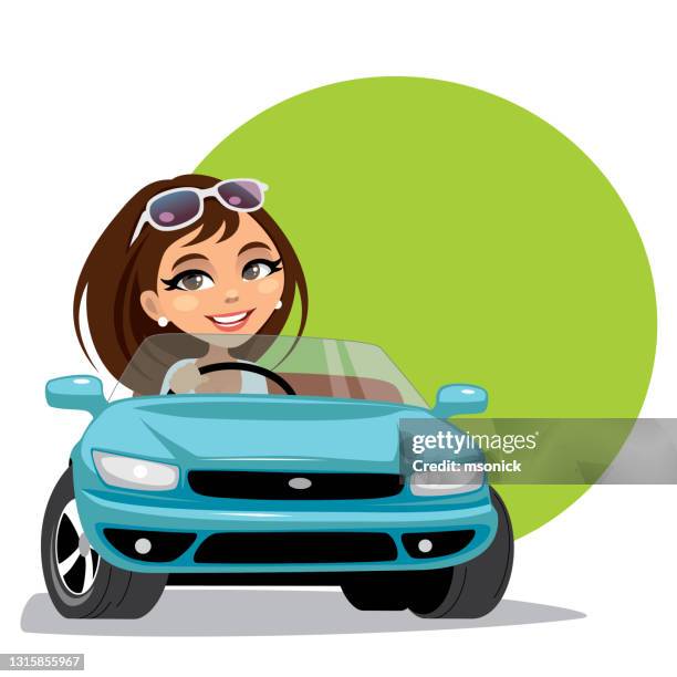 ilustraciones, imágenes clip art, dibujos animados e iconos de stock de mujer conduciendo un coche - convertible car