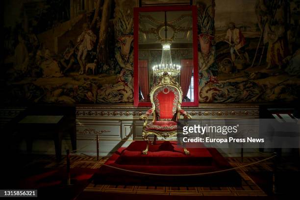 The throne in the Crown Room, after its reopening in the Royal Palace of Madrid, on 2 May, 2021 in Madrid, Spain. In addition to this room, the Royal...