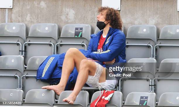 David Luiz of Arsenal is seen in the stand after being forced off with an injury during the Premier League match between Newcastle United and Arsenal...