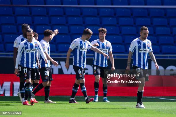 Javi Puado of RCD Espanyol celebrates scoring his side's 2nd goal during the Liga Smartbank match betwen RCD Espanyol de Barcelona and Malaga CF at...