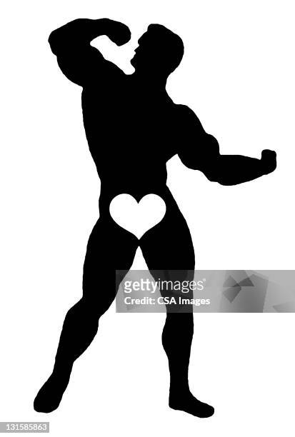 ilustraciones, imágenes clip art, dibujos animados e iconos de stock de muscle man flexing with heart - varón
