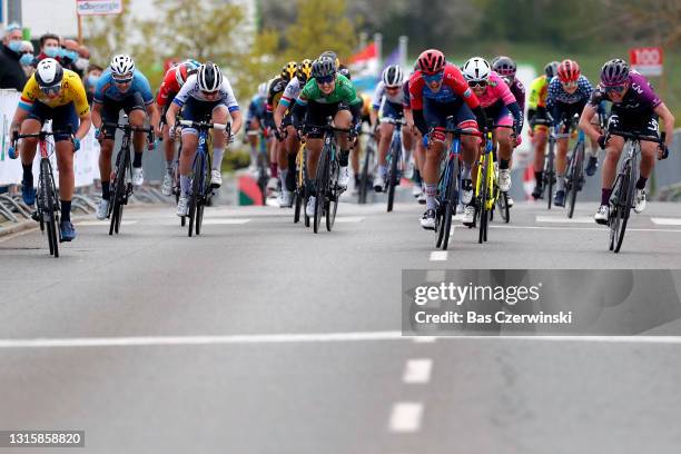 Emma Norsgaard Jorgensen of Denmark and Movistar Team Yellow Leader Jersey, Maria Giulia Confalonieri of Italy and Ceratizit – WNT Pro Cycling Team,...