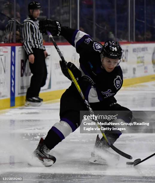 Reading forward Mike Pereira stops with a spray of ice.Reading Royals lose 5-1 to the Manchester Monarchs in a minor league ECHL hockey game at...