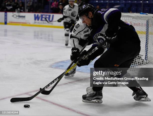 Reading forward Justin Crandall controls the puck below the goal line.Reading Royals lose 5-1 to the Manchester Monarchs in a minor league ECHL...