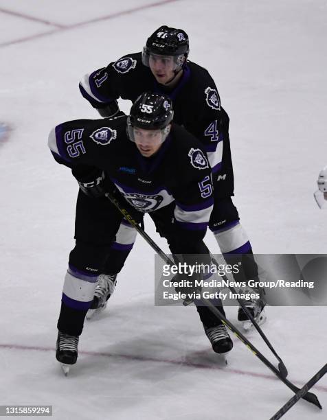Reading forward Michael Huntebrinker and Reading defenseman Sean Flanagan wait for a face off.Reading Royals lose 5-1 to the Manchester Monarchs in a...