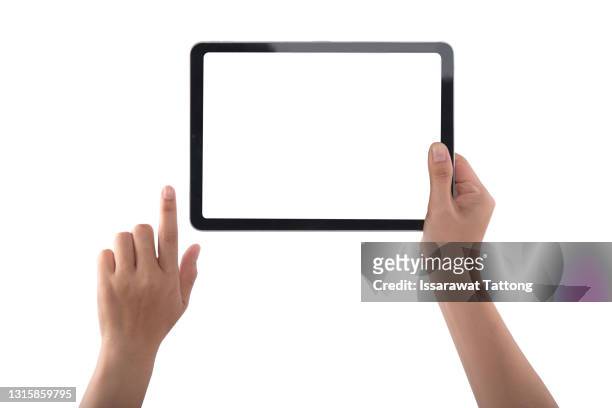 hands touching black tablet screen, isolated on white background - digital tablet stock pictures, royalty-free photos & images