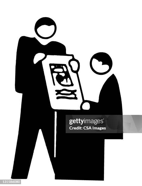 two men looking at board - self service portal icon stock illustrations