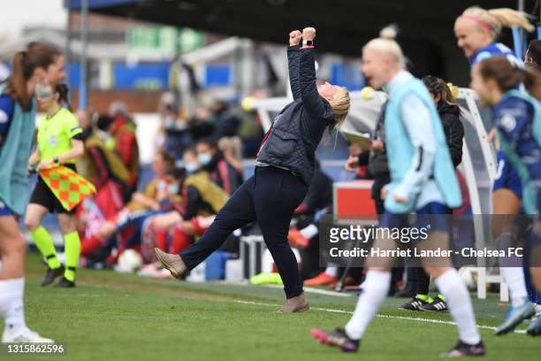 Emma Hayes, Manager of Chelsea celebrates following her team's victory in the Second Leg of the UEFA Women's Champions League Semi Final match...