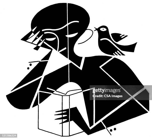 illustrazioni stock, clip art, cartoni animati e icone di tendenza di person reading with bird on shoulder - leggere un libro