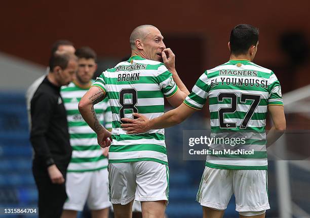 Scott Brown of Celtic is substituted during the Ladbrokes Scottish Premiership match between Rangers and Celtic at Ibrox Stadium on May 02, 2021 in...