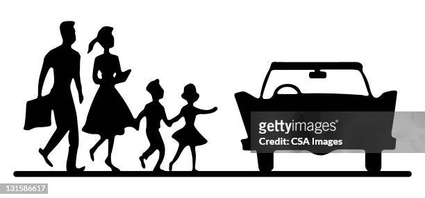 family walking to car - car road trip stock illustrations