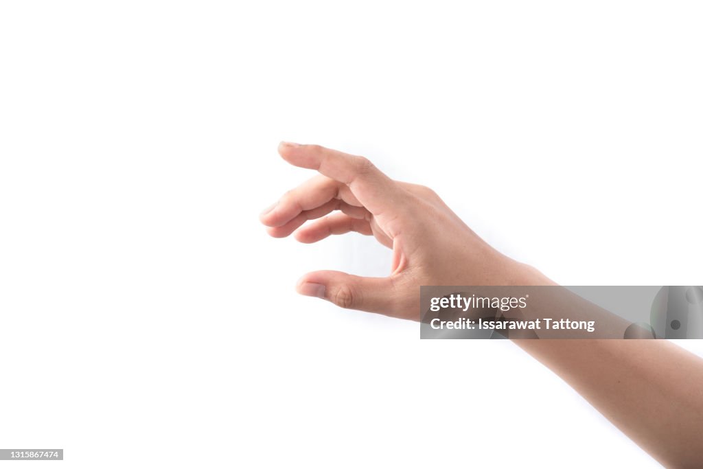 Female hand reaches for something or points to something isolated on a white background