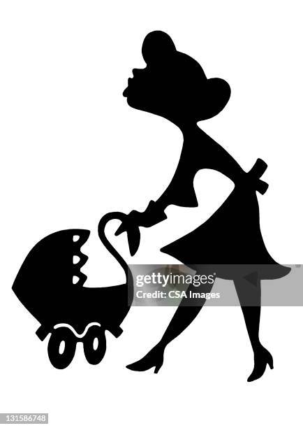 woman pushing baby carriage - baby pram stock illustrations