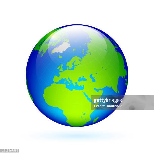 ilustrações de stock, clip art, desenhos animados e ícones de earth globe on white background focusing on north hemisphere and prime meridian. africa, asia, europe, north pole, canada, greenland. - the greenwich meridian