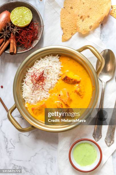 homemade indian food chicken tikka masala korma curry with rice - tikka masala stock pictures, royalty-free photos & images