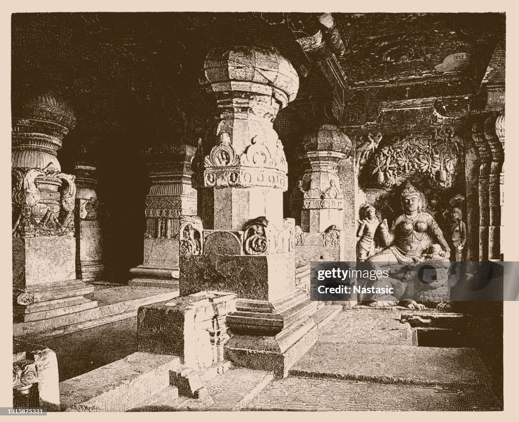 Interior of Indra Sabha temple at Ellora Caves, India