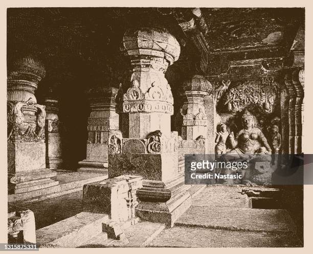 interior of indra sabha temple at ellora caves, india - synagogue stock illustrations