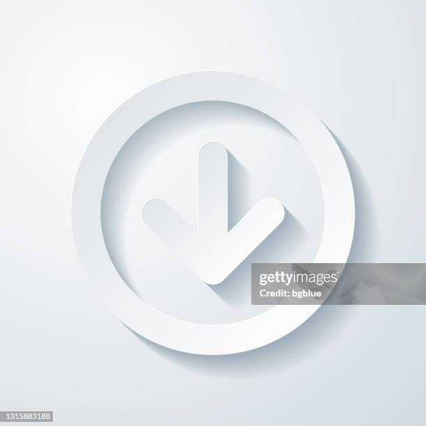 down arrow button. icon with paper cut effect on blank background - pointing down white background stock illustrations