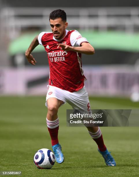 Arsenal player Dani Ceballos in action during the Premier League match between Newcastle United and Arsenal at St. James Park on May 02, 2021 in...