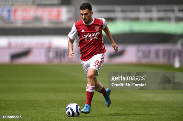 Arsenal player Dani Ceballos in action during the Premier League match between Newcastle United and Arsenal at St. James Park on May 02, 2021 in...