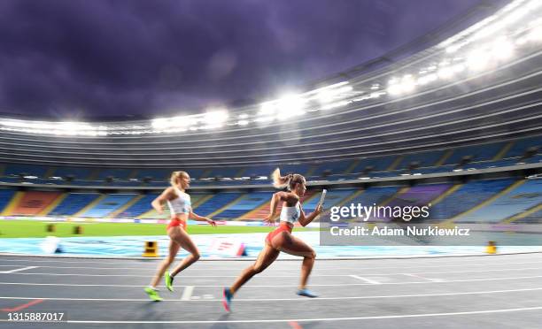 Klaudia Adamek of Poland competes during the 4x200 Metres Relay race on Day Two of the IAAF World Athletics Relay Silesia21 at the Merchant logo...