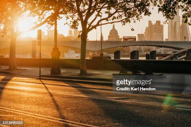 a sunrise surface level view of the london skyline - stock photo - london skyline morning stock pictures, royalty-free photos & images