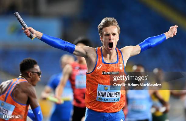 Tony Van Diepen of Netherlands celebrates after winning the 4x400 Metres Relay race on Day Two of the IAAF World Athletics Relay Silesia21 at the...