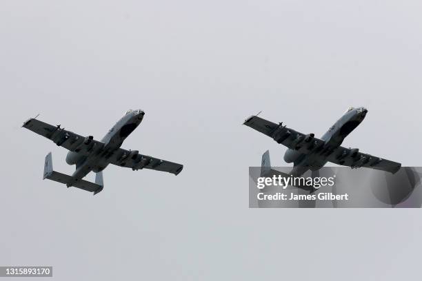 Pair of A-10 Thunderbolt II flyover prior to the NASCAR Cup Series Buschy McBusch Race 400 at Kansas Speedway on May 02, 2021 in Kansas City, Kansas.