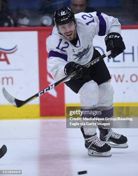 Reading forward Steven Swavely passes through center ice. Reading Royals vs the Manchester Monarchs in game 4 of the ECHL North Division semifinal...