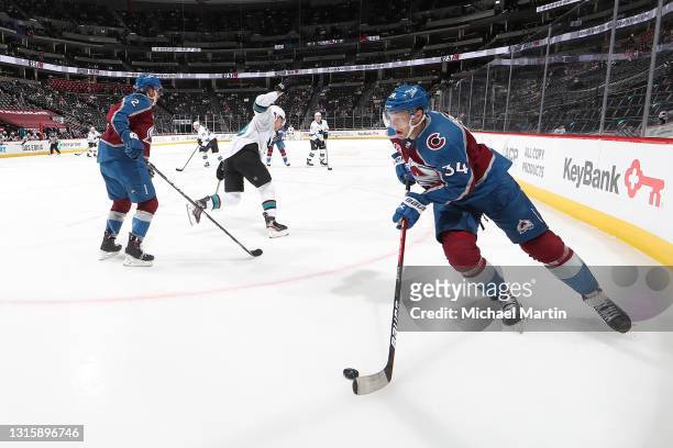 Carl Soderberg of the Colorado Avalanche skates against the San Jose Sharks at Ball Arena on May 01, 2021 in Denver, Colorado.