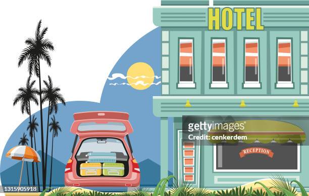 ilustraciones, imágenes clip art, dibujos animados e iconos de stock de hotel e invitados - parasol