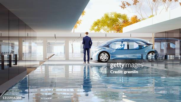 generica villa moderna con piscina e concept car autonoma - futuristic cars foto e immagini stock