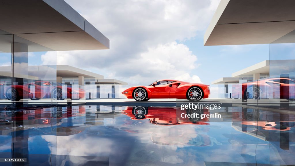 Generische moderne Villa mit Schwimmbad und generischen Sportwagen.
