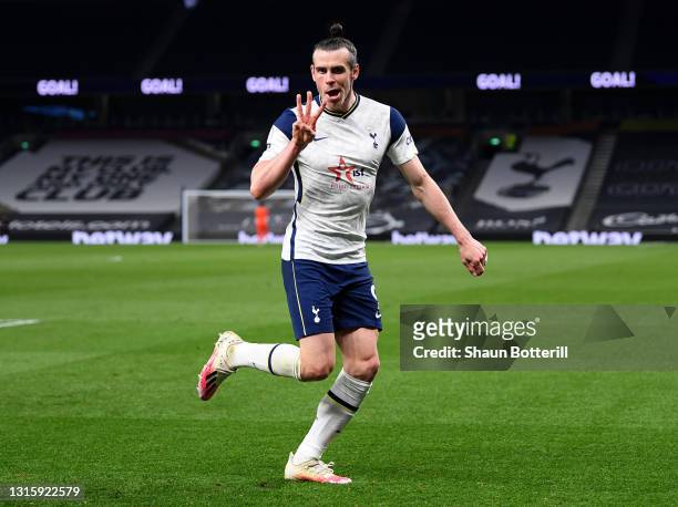 Gareth Bale of Tottenham Hotspur celebrates after scoring his hat-trick during the Premier League match between Tottenham Hotspur and Sheffield...