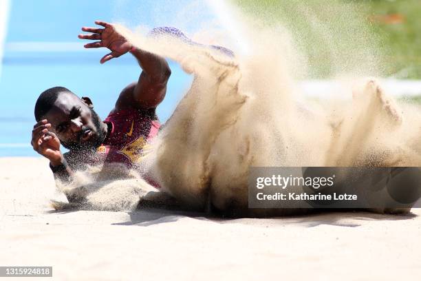 Jordan Scott of USC competes in the men's triple jump during a dual meet against UCLA at UCLA's Drake Stadium on May 02, 2021 in Los Angeles,...