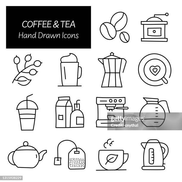 coffee and tea related hand drawn icons, doodle elements vector illustration - sugar cube stock illustrations
